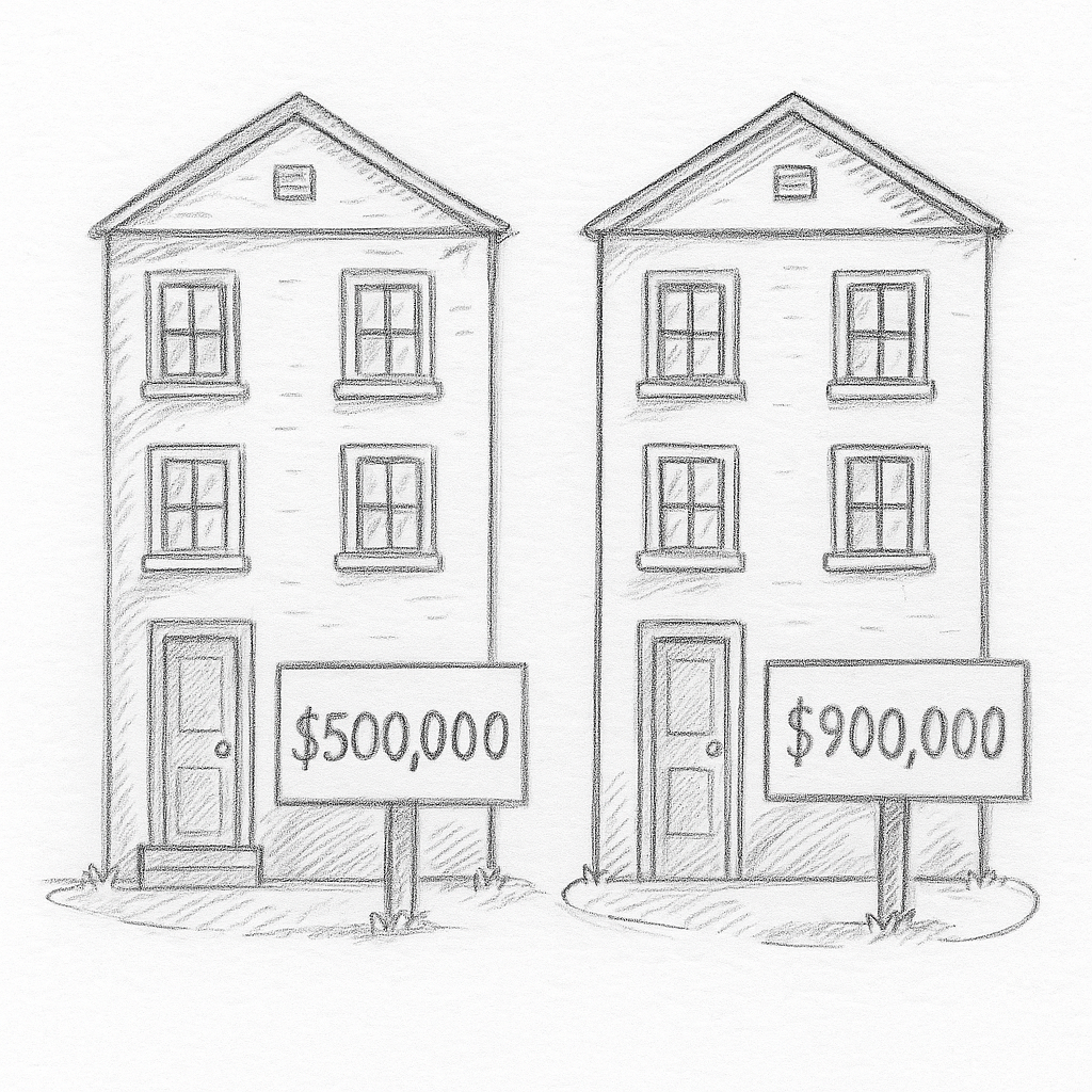 Triplexes with different priced sale signs.